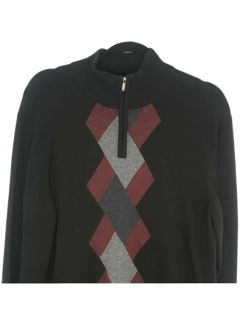 Alfani 1/4 Zip Argyle Sweater Mens Large Black Gray Burgundy 100% Cotton